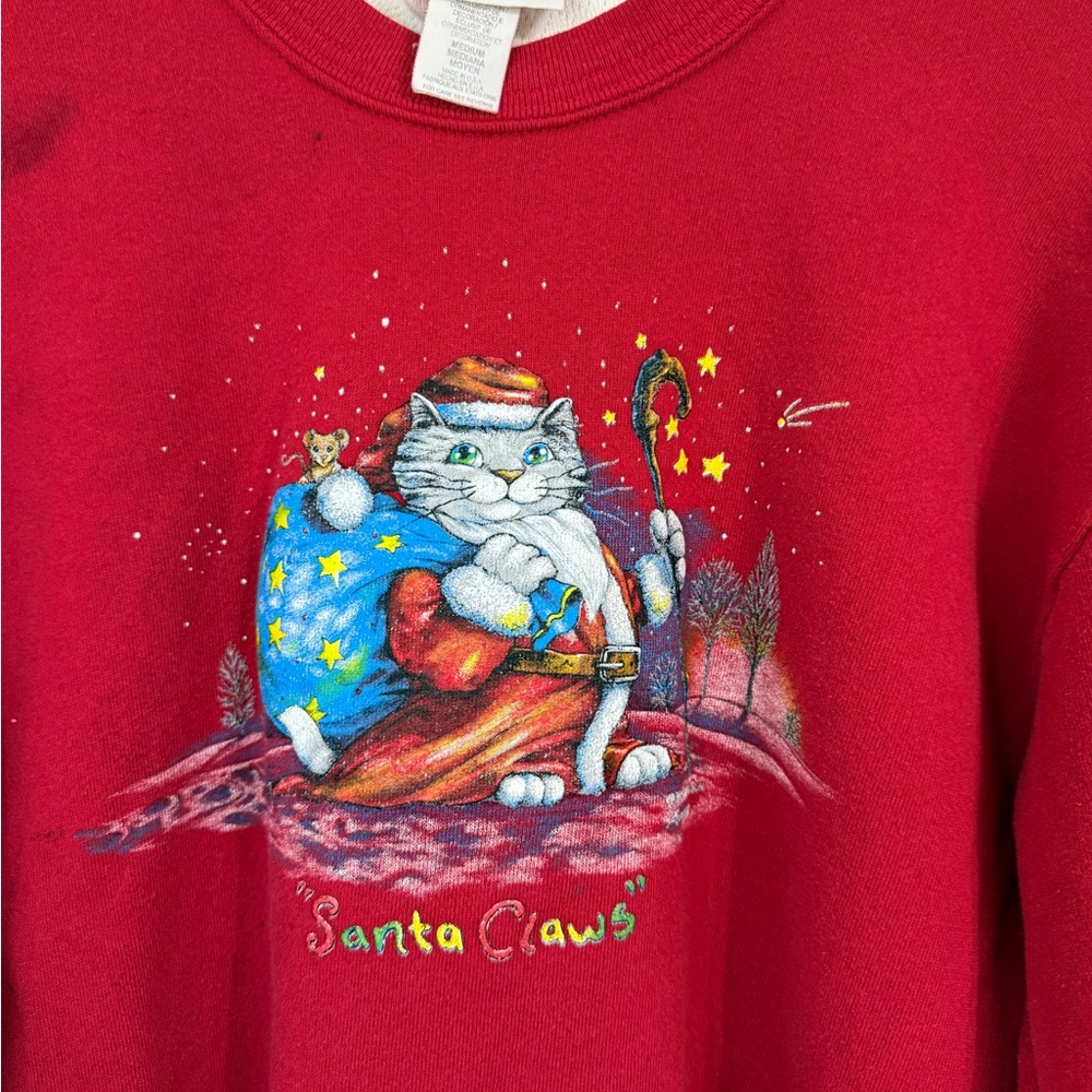 Vintage Morning Sun Santa Claws Cat Graphic Print Sweater Red Size Medium - Picture 8 of 9